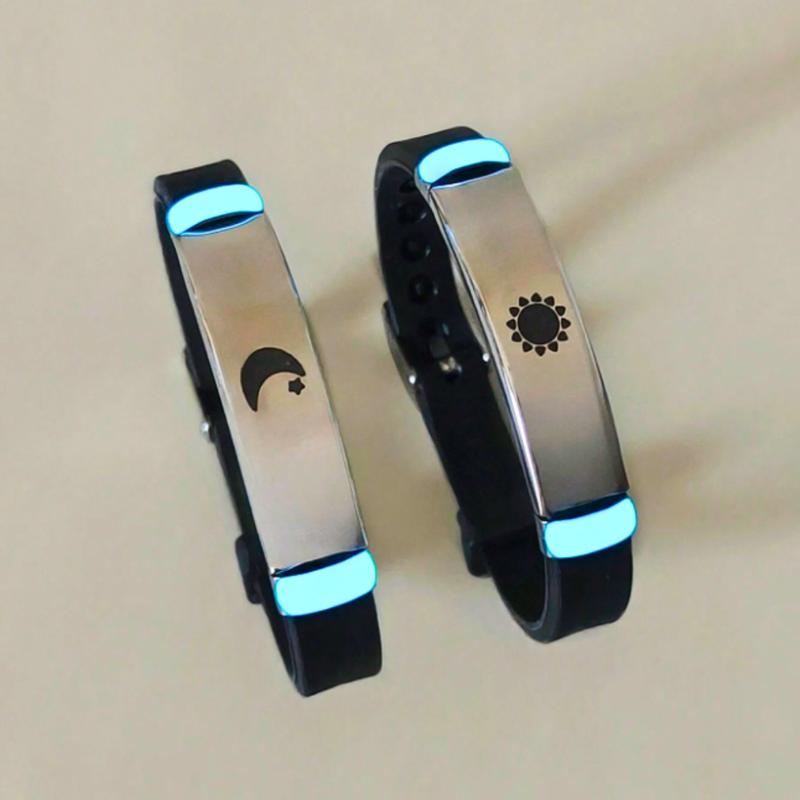 2 Pairs Sun & Moon Pattern alloy Charms Black Silicone Bracelets For Women Lovers Holiday anniversary jewelry