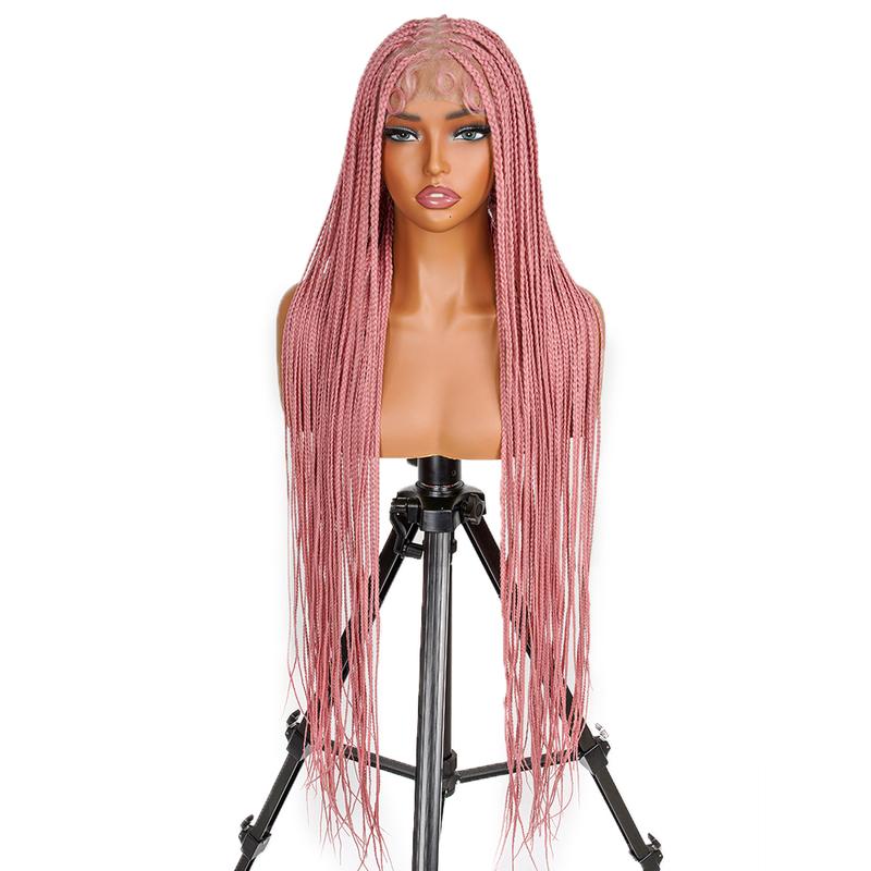 SuperNova #Pink 36'' Full Lace Synthetic Box Braided Wig - Handmade, Lightweight, Natural Look, Tangle-Free, Beginner-Friendly, Ideal for Protective Styles & Daily Wear