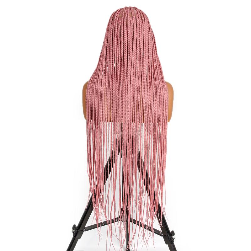 SuperNova #Pink 36'' Full Lace Synthetic Box Braided Wig - Handmade, Lightweight, Natural Look, Tangle-Free, Beginner-Friendly, Ideal for Protective Styles & Daily Wear