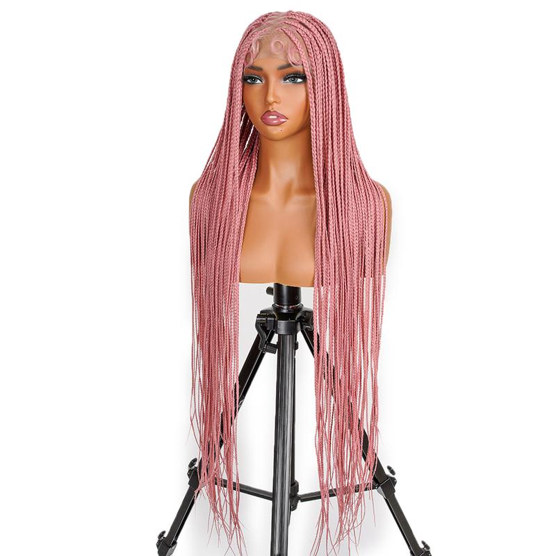 SuperNova #Pink 36'' Full Lace Synthetic Box Braided Wig - Handmade, Lightweight, Natural Look, Tangle-Free, Beginner-Friendly, Ideal for Protective Styles & Daily Wear