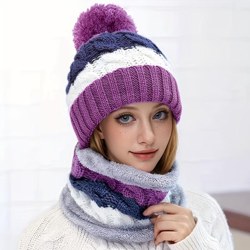 2pcs Hat Set: 1 Warm Winter Knit Hat+1 Cylindrical Knitted Scarf Combination, Warm And Thick Ear Protection Riding Hat Scarf