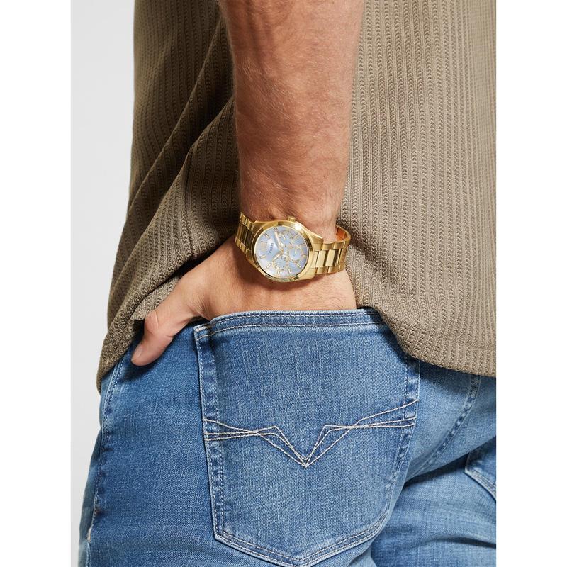 GUESS Male Gold-Tone and Textured Blue Multifunction Watch