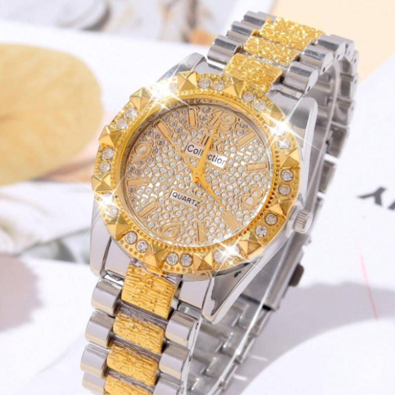 Fashionable Round Quartz Watch For Women With Rhinestone Inlaid Steel Strap Holiday