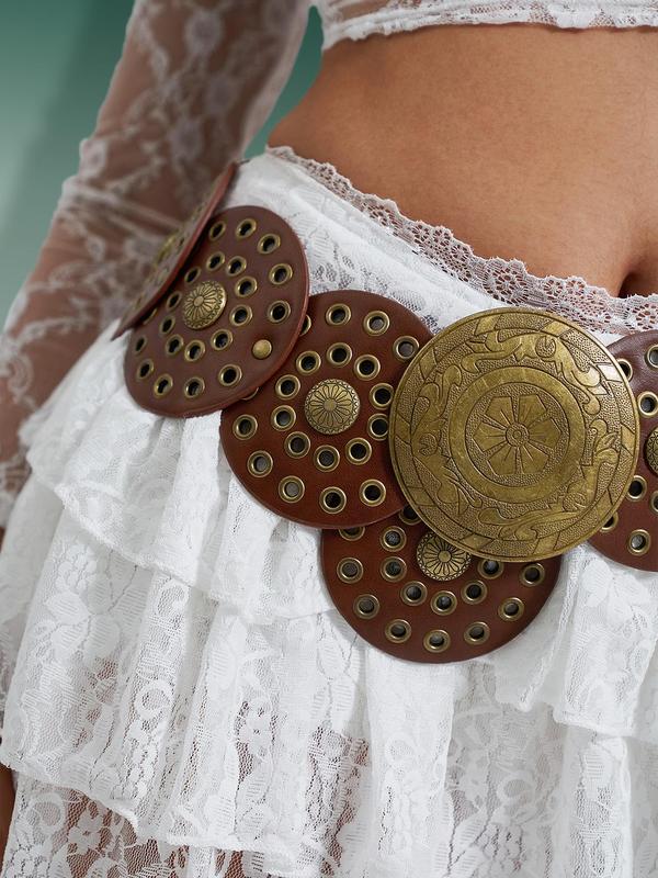 Women's Boho Style Grommet Eyelet Design Belt, Vintage Western Style Round Buckle Belt, Fashionable Clothes Accessories for Daily & Party Decoration