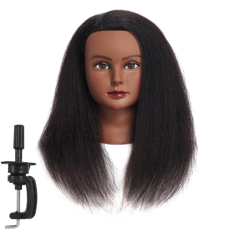 Real Hair Mannequin    Doll  Manikin Practice  Hairdresser With Free Clamp Holder Female (Black Hair B)