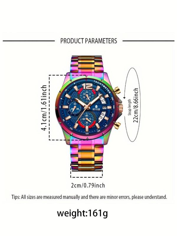 Men's Fashion Colorful Stainless Steel Strap Quartz Watch, Casual Round Dial Analog Watch for Party, Daily Decor, Trendy Watch for Birthday Gift without Box