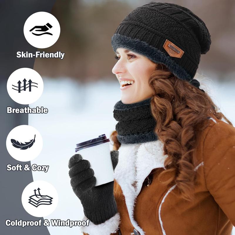 Winter Beanie Hat Circle Scarves Touchscreen Gloves Set, Warm Thick Fleece Lined Skull Cap Gloves  Warmer for Women Men