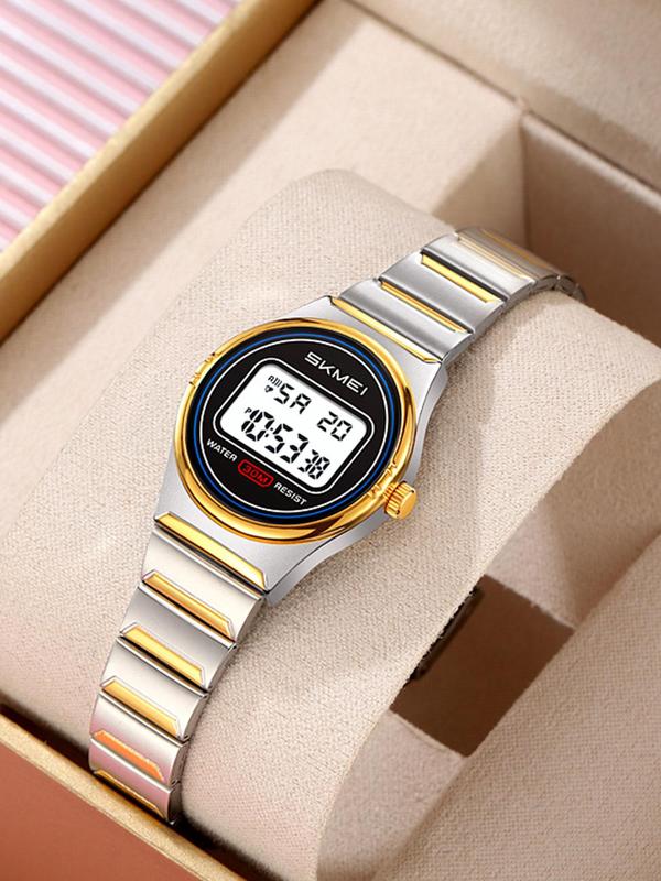 Women's Fashion Round Dial Digital Watch, Vintage All-match Waterproof Luminous Digital Watch with Alarm, Trendy Exquisite Watch for Birthday Gift with Box