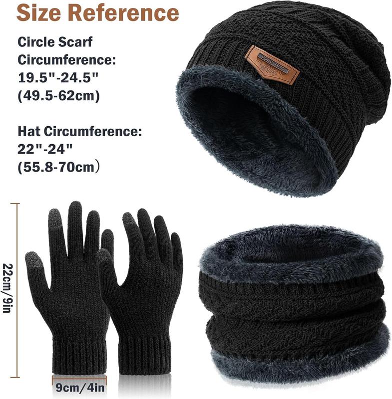 Winter Beanie Hat Circle Scarves Touchscreen Gloves Set, Warm Thick Fleece Lined Skull Cap Gloves  Warmer for Women Men