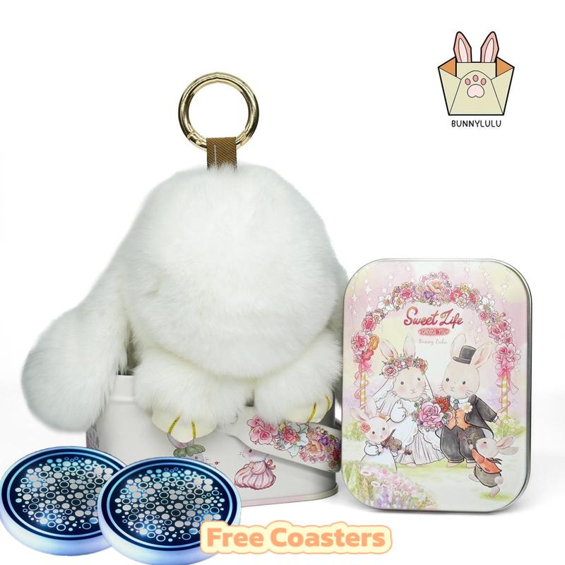 BunnyLulu Fluffy White Bunny Pompom Keychain with Fairytale Tin, 2 pcs LED Cup Holders Car Coasters, Decoration For Holidays Birthday Party