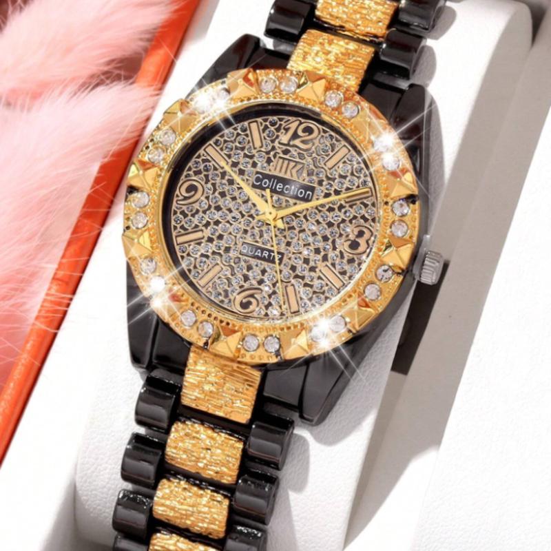 Fashionable Round Quartz Watch For Women With Rhinestone Inlaid Steel Strap Holiday