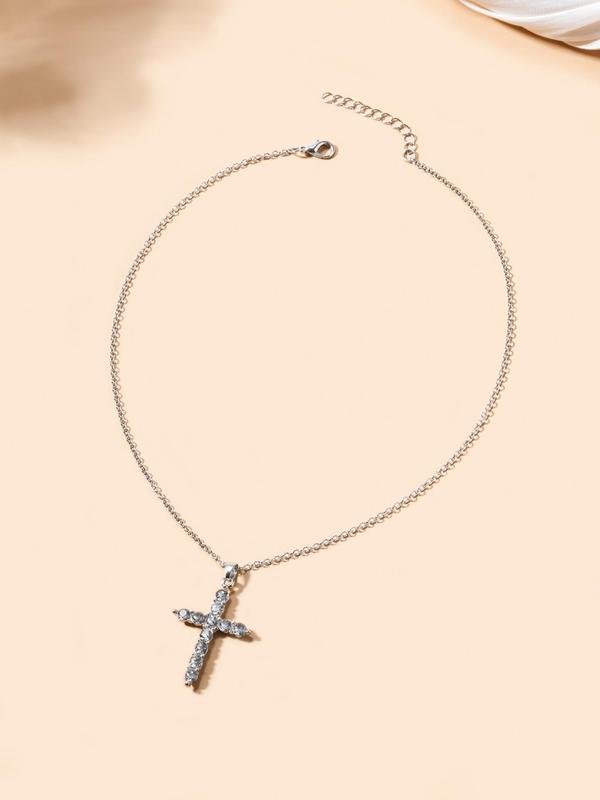 Fashion Minimalist Full Rhinestone Inlaid Cross Necklace for Girlfriend, Casual Matching Chain Necklace As Iced out Jewelry, Goth Accessories for Men & Women