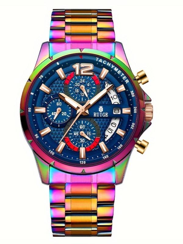 Men's Fashion Colorful Stainless Steel Strap Quartz Watch, Casual Round Dial Analog Watch for Party, Daily Decor, Trendy Watch for Birthday Gift without Box