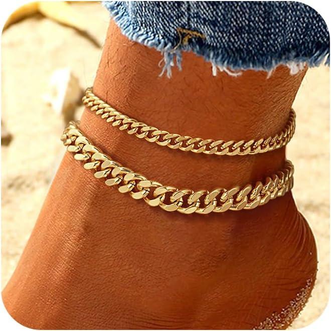 Ankle Bracelets for Women , Dainty    Plated Anklets Layered Chunky Cuban Link Anklets Set Cute Trendy  Gifts for Women