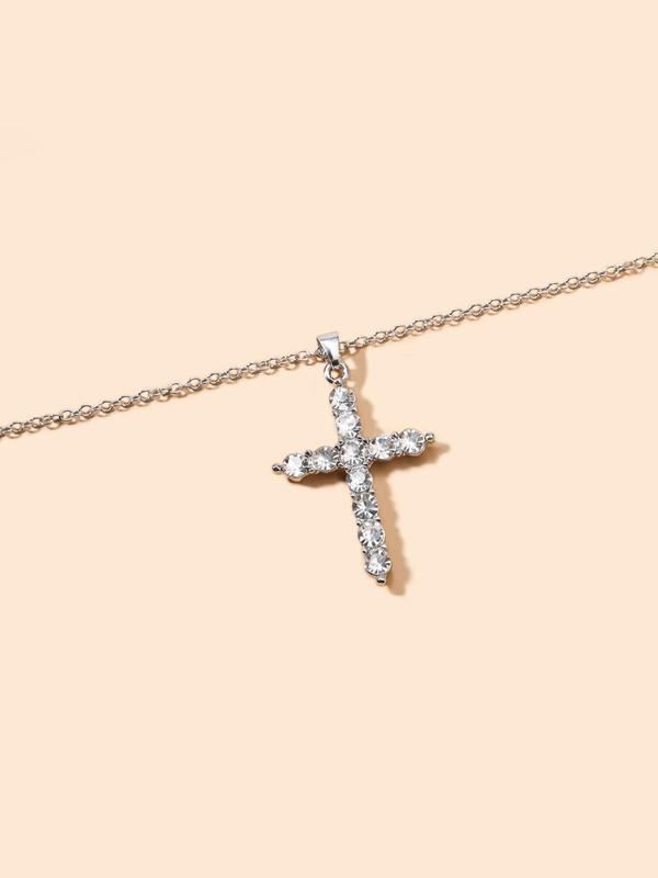 Fashion Minimalist Full Rhinestone Inlaid Cross Necklace for Girlfriend, Casual Matching Chain Necklace As Iced out Jewelry, Goth Accessories for Men & Women