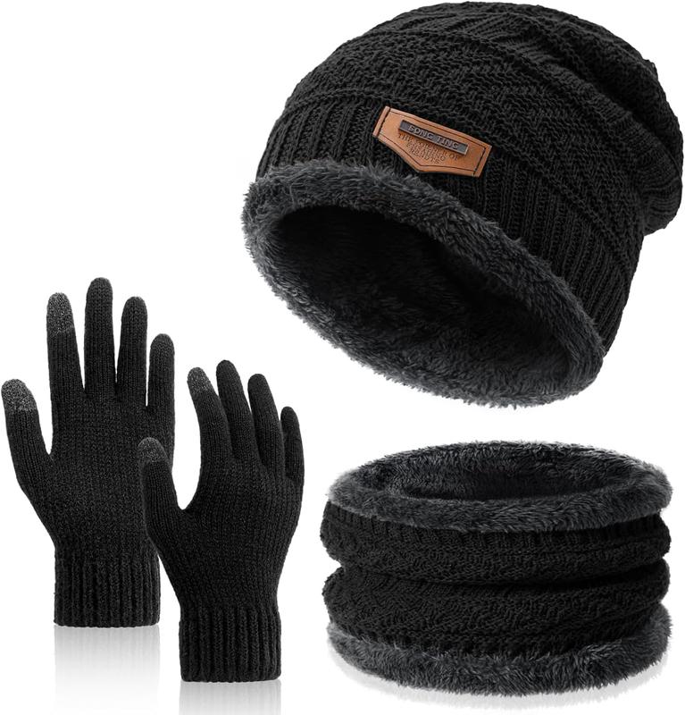 Winter Beanie Hat Circle Scarves Touchscreen Gloves Set, Warm Thick Fleece Lined Skull Cap Gloves  Warmer for Women Men