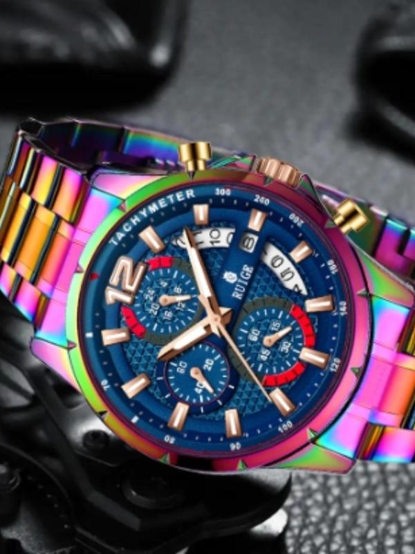 Men's Fashion Colorful Stainless Steel Strap Quartz Watch, Casual Round Dial Analog Watch for Party, Daily Decor, Trendy Watch for Birthday Gift without Box