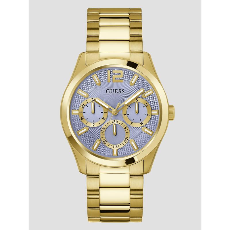 GUESS Male Gold-Tone and Textured Blue Multifunction Watch