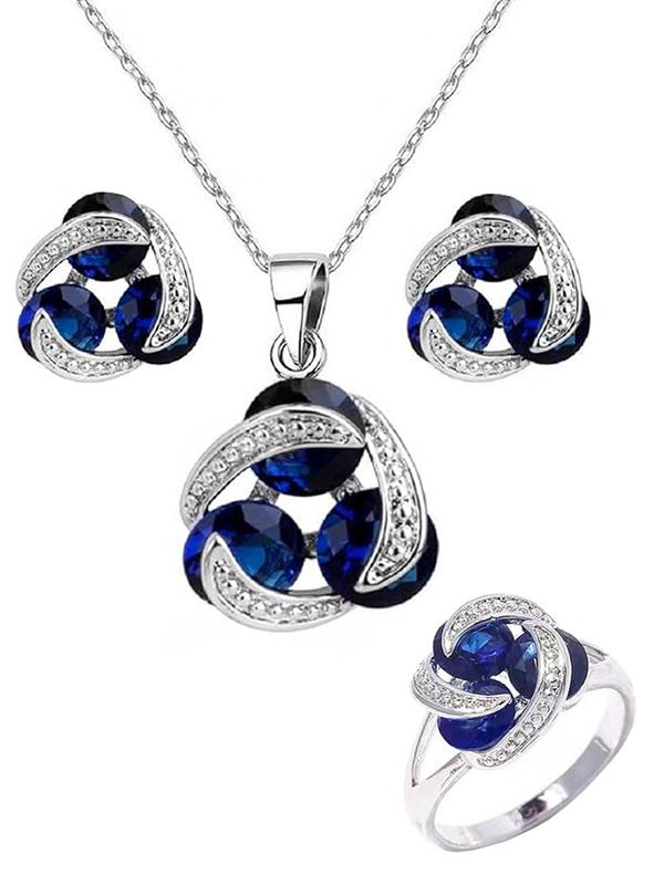 Elegant Rhinestone Decorated Jewelry Set, Exquisite Trendy Pendant Necklace & Stud Earrings & Ring, Chic Jewelry Set for Party & Wedding As Gift for Women