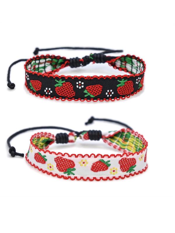 Women's Cute Strawberry Embroidery Friendship Bracelets, Boho Style Drawstring Bracelets for Women & Girls, Fashion Jewelry  for Daily Decor