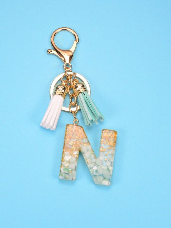 Trendy Letter & Tassel Decor Keychain, Cute Resin Keychain Ring for Car Keys, Fashion Key Chain Accessories for Women & Girls