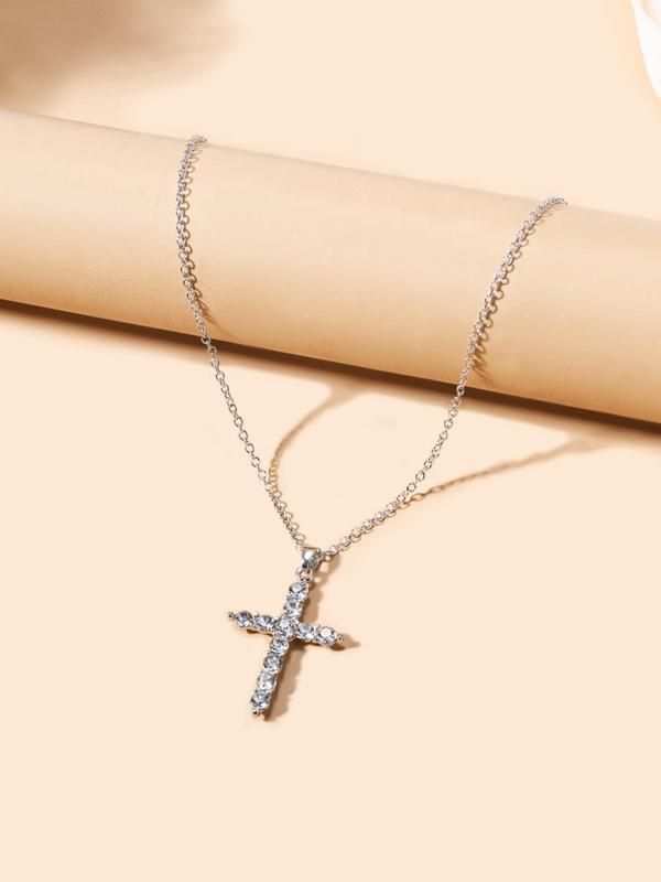 Fashion Minimalist Full Rhinestone Inlaid Cross Necklace for Girlfriend, Casual Matching Chain Necklace As Iced out Jewelry, Goth Accessories for Men & Women