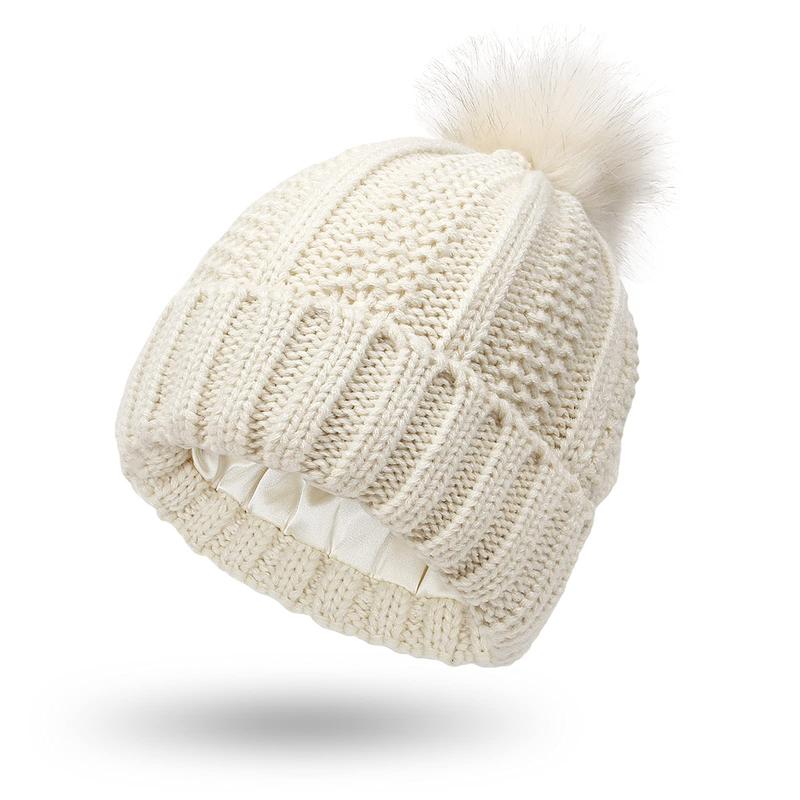 Womens Satin Lined Beanie Hat Warm Cable Knit Beanies with Faux Fur Pom Pom Stylish Winter Hat for Women Slouchy Skull Snow Ski Cap for Cold Winter