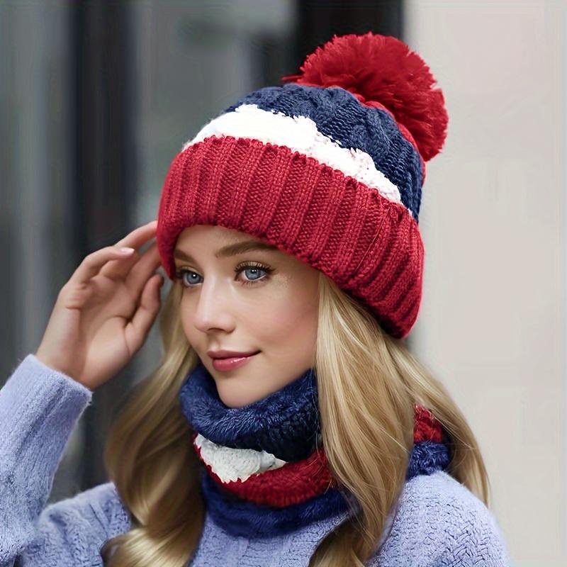 2pcs Hat Set: 1 Warm Winter Knit Hat+1 Cylindrical Knitted Scarf Combination, Warm And Thick Ear Protection Riding Hat Scarf