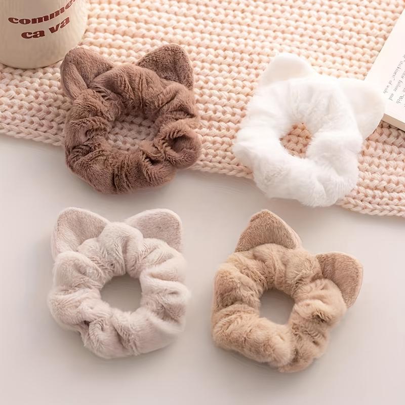 4 Pcs Set Adorable Furry Cat Ears Scrunchies - Soft, Stretchy, and Detachable Hair Ties for Ponytails, Fluffy Hair Elastics, Spiral Hair Ring, and Cute Hair Accessories - Perfect for Girls and Women