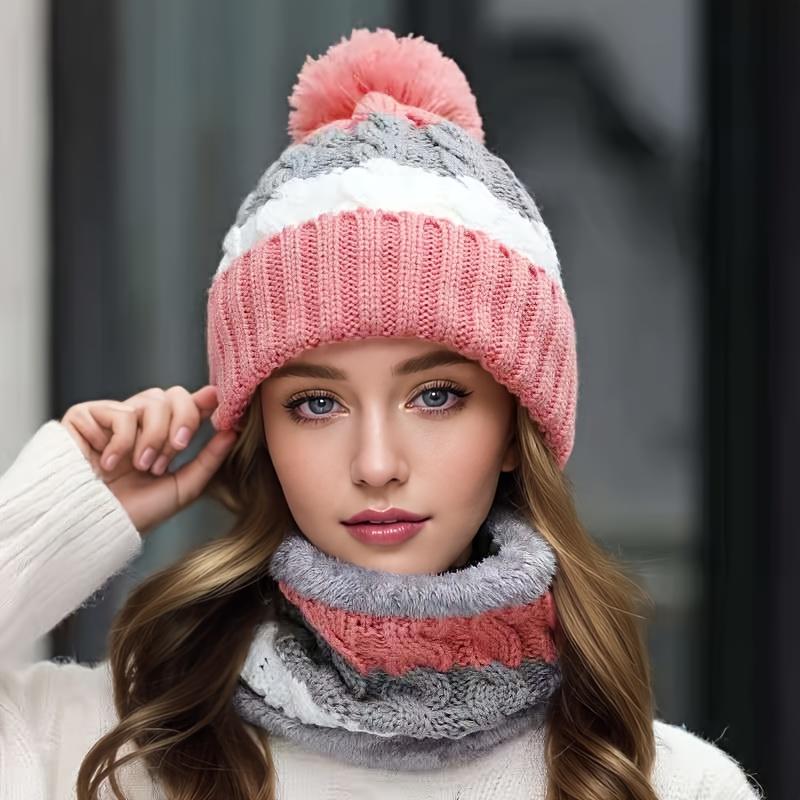 2pcs Hat Set: 1 Warm Winter Knit Hat+1 Cylindrical Knitted Scarf Combination, Warm And Thick Ear Protection Riding Hat Scarf