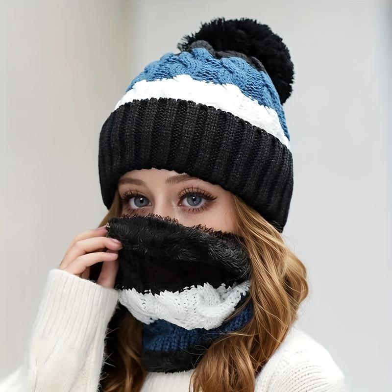 2pcs Hat Set: 1 Warm Winter Knit Hat+1 Cylindrical Knitted Scarf Combination, Warm And Thick Ear Protection Riding Hat Scarf