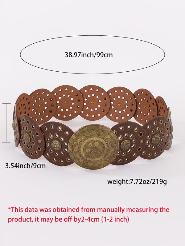 Women's Boho Style Grommet Eyelet Design Belt, Vintage Western Style Round Buckle Belt, Fashionable Clothes Accessories for Daily & Party Decoration