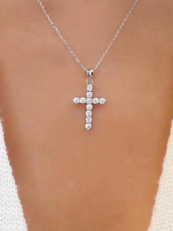 Fashion Minimalist Full Rhinestone Inlaid Cross Necklace for Girlfriend, Casual Matching Chain Necklace As Iced out Jewelry, Goth Accessories for Men & Women