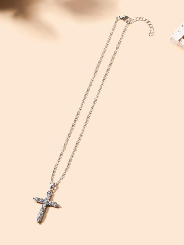 Fashion Minimalist Full Rhinestone Inlaid Cross Necklace for Girlfriend, Casual Matching Chain Necklace As Iced out Jewelry, Goth Accessories for Men & Women