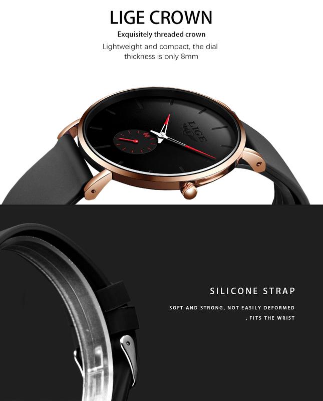 LIGE Casual Business Style Men's Quartz Watch: Slim Case, Silicone Strap, 30m Water Resistance.