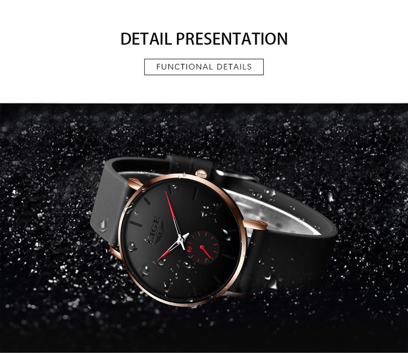 LIGE Casual Business Style Men's Quartz Watch: Slim Case, Silicone Strap, 30m Water Resistance.