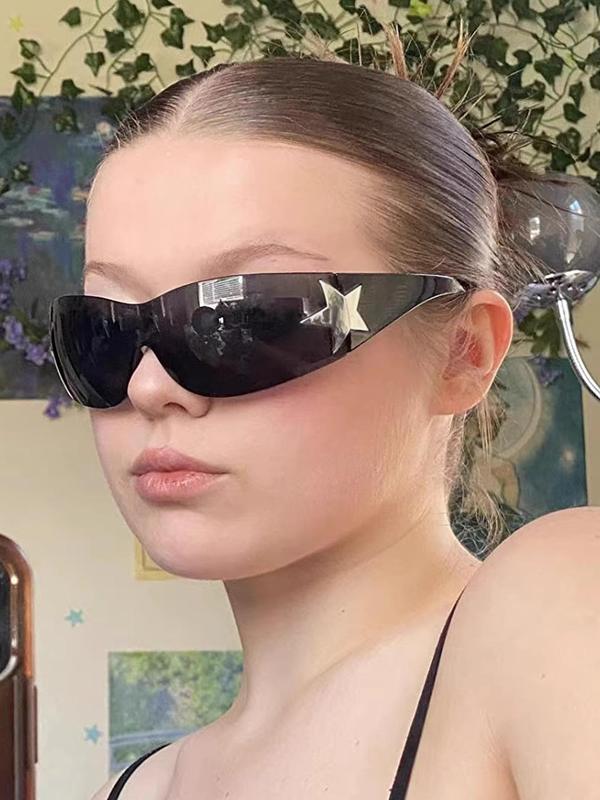 Y2k Style Star Design Wrap Around Sunglasses, 2024 New Style Trendy Rimless Sunglasses for Everyday Use, Fashion Accessories for Outdoor Activities