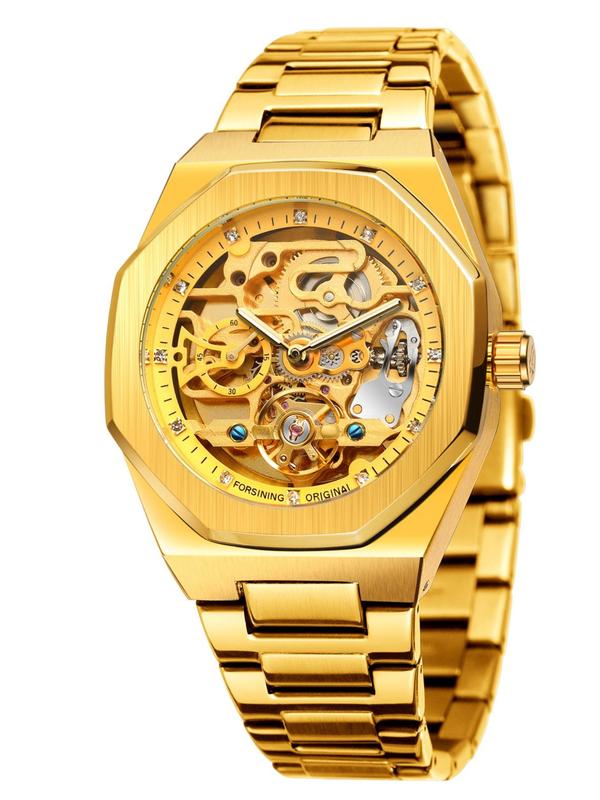 Men's Classic Business Rhinestone Decor Mechanical Watch, Fashion Watch for Party, Daily Clothing Decor, Trendy All-match & Exquisite Watch for Birthday Gift with Box