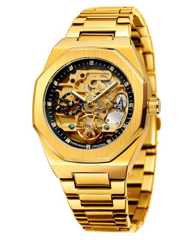 Men's Classic Business Rhinestone Decor Mechanical Watch, Fashion Watch for Party, Daily Clothing Decor, Trendy All-match & Exquisite Watch for Birthday Gift with Box