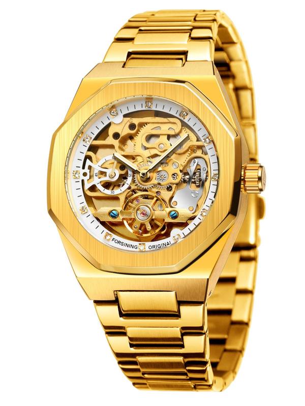 Men's Classic Business Rhinestone Decor Mechanical Watch, Fashion Watch for Party, Daily Clothing Decor, Trendy All-match & Exquisite Watch for Birthday Gift with Box