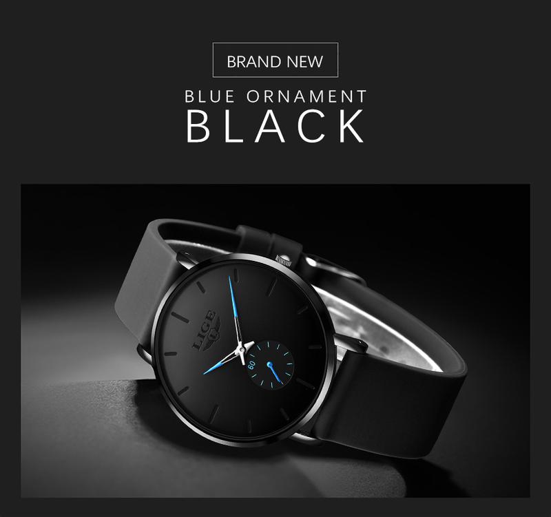 LIGE Casual Business Style Men's Quartz Watch: Slim Case, Silicone Strap, 30m Water Resistance.