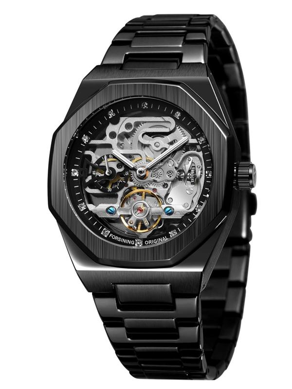 Men's Classic Business Rhinestone Decor Mechanical Watch, Fashion Watch for Party, Daily Clothing Decor, Trendy All-match & Exquisite Watch for Birthday Gift with Box