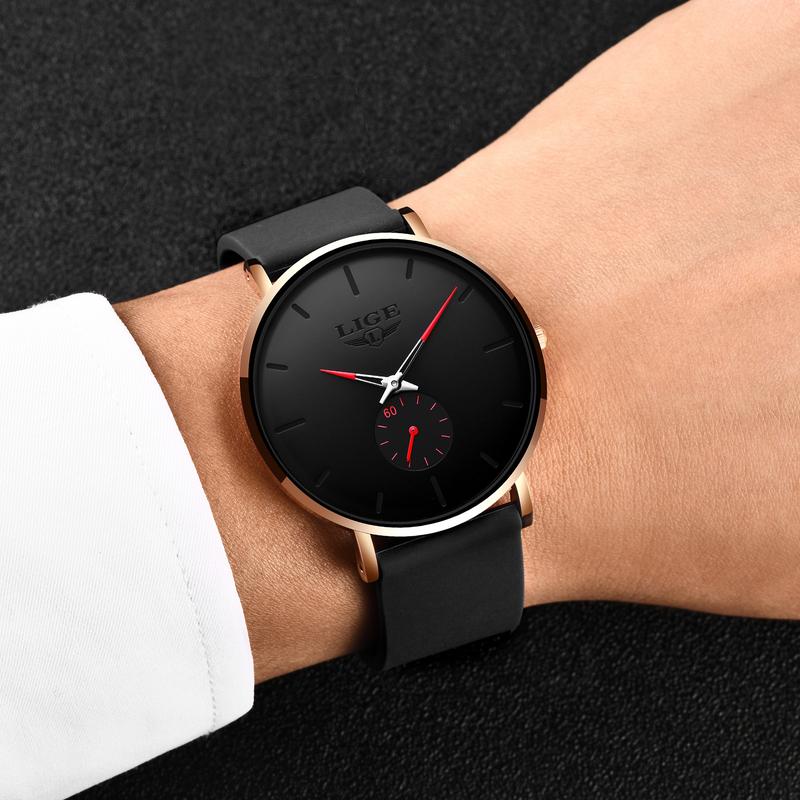 LIGE Casual Business Style Men's Quartz Watch: Slim Case, Silicone Strap, 30m Water Resistance.