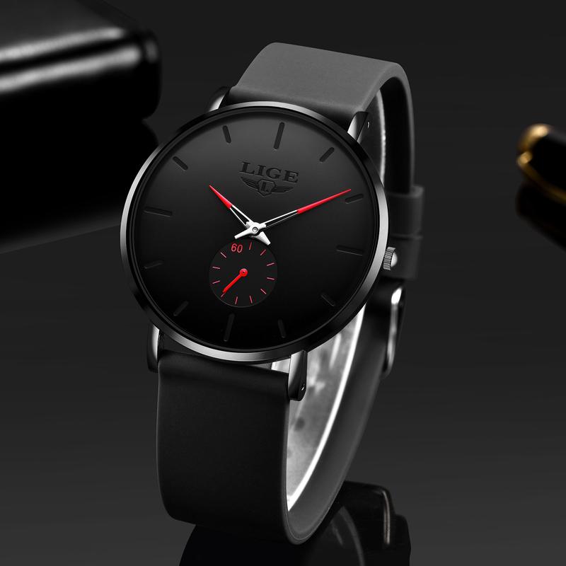 LIGE Casual Business Style Men's Quartz Watch: Slim Case, Silicone Strap, 30m Water Resistance.