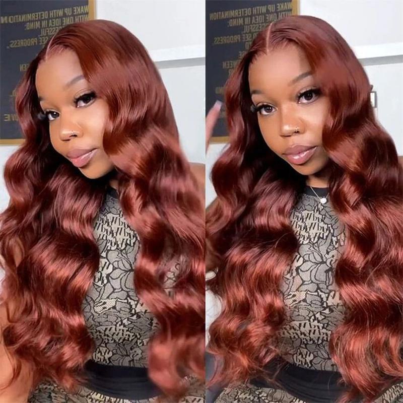 Bling Hair 33# Red Brown(Ginger) Wig Human Hair 13x4 Body Wave Lace Frontal Wig 180% Density Transparent Lace Front Wigs For Women