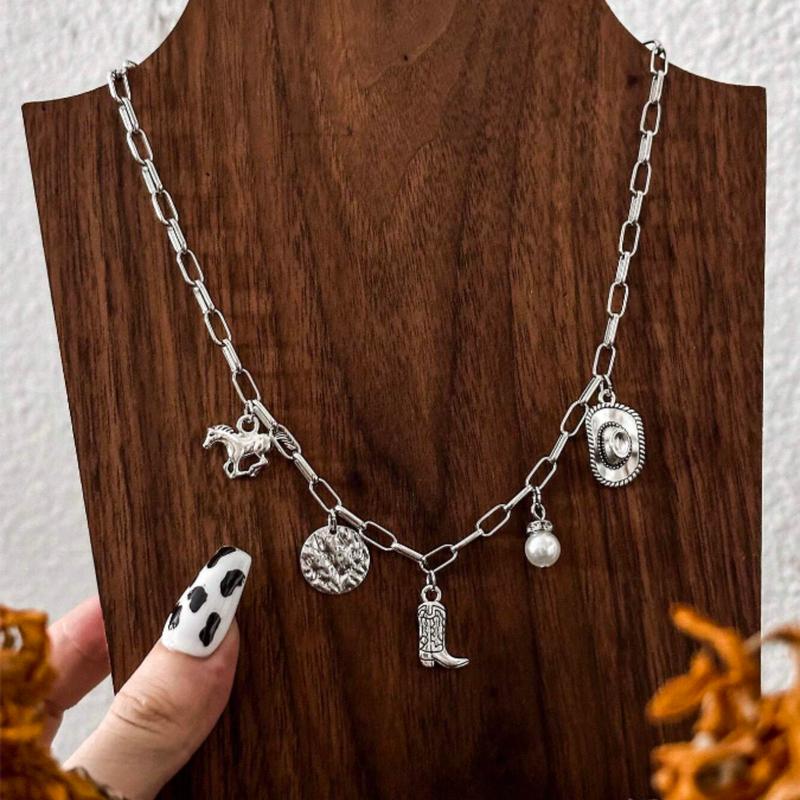 Western Cowgirl Boots, Cowboy Hat, Horse & Geometric Chain Necklace for Girls - Minimalist Style