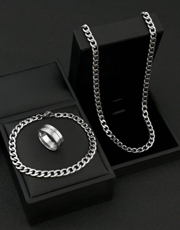 Men's Golden Stainless Steel Jewelry Set - Hip Hop Chain Necklace Bracelet Ring