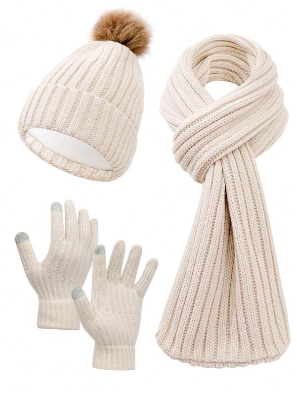 3pcs Women Simple Solid Color Vertical Striped Knit Knitted Beanie, Scarf Set With Gloves, Warm And Cozy For Casual Outdoor Use In Autumn Winter Christmas beanie hat