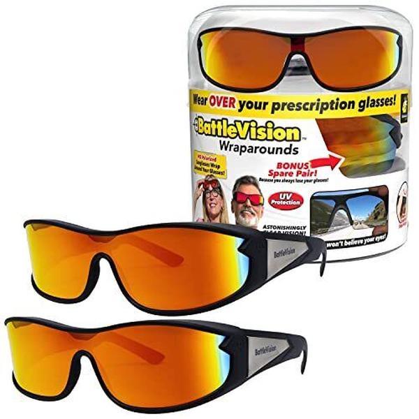 2 Pack - BattleVision Wrap Arounds HD Polarized Sunglasses, As Seen On TV, Fits Over Your Prescription Eyeglasses and Reading, See Clearer, Anti-Glare, Protects Your Eyes by Blocking Blue & UV Rays, Unisex