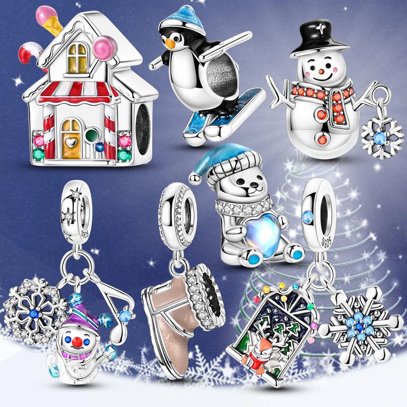 925  Silver Christmas Snowman Penguin Snowflake Charms Beads Fit Original Panduola Bracelet For Women Jewelry Making Gifts for Halloween and Christmas